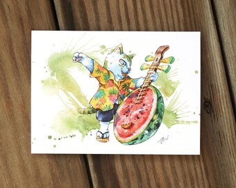 Cats and watermelon Yueqin music fruit food Cat Watercolor Painting Digital printed Postcard Watercolor Painting Pet Watercolor Art