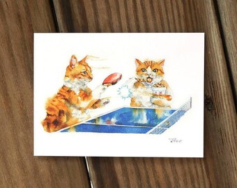 Cats in Olympics Table Tennis Cat Ping-pong Sports Cat Watercolor Painting Digital printed Postcard Watercolor Painting Pet Watercolor Art