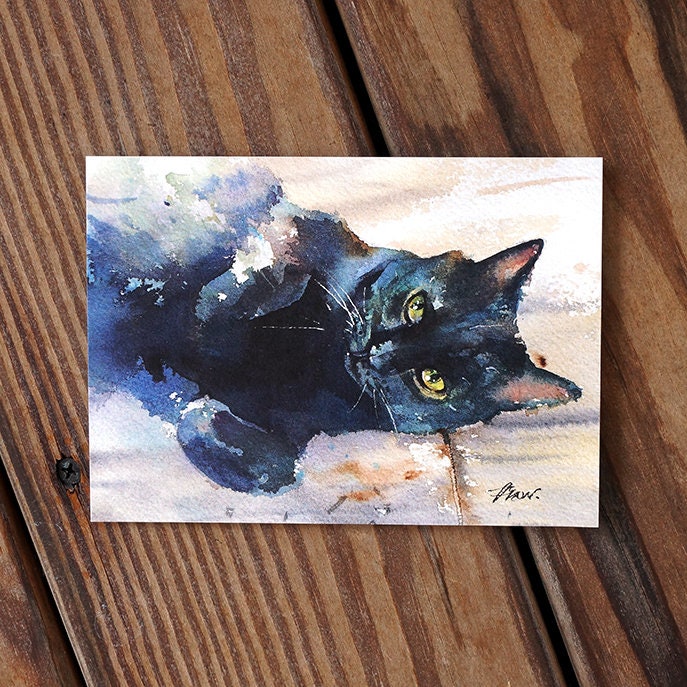 Black Cat Watercolor Painting Cat Watercolor Postcard Digital | Etsy
