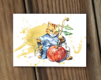 Cats and apple Erhu music fruit food Cat Watercolor Painting Digital printed Postcard Watercolor Painting Pet Watercolor Art