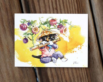 Cats and Star Apple Flute music fruit food Cat Watercolor Painting Digital printed Postcard Watercolor Painting Pet Watercolor Art