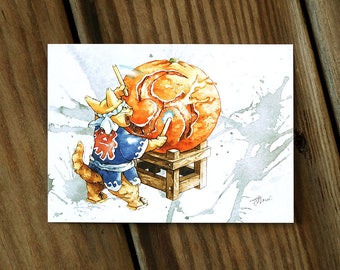 Chats et orange Taiko Musique japonaise nourriture aux fruits Chat Aquarelle Peinture Carte postale imprimée numérique Aquarelle Peinture Pet Aquarelle Art