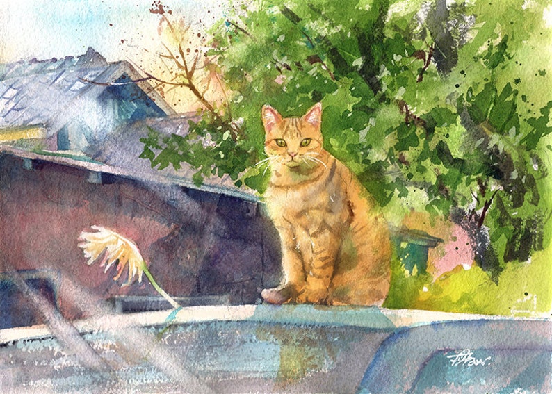 Original Cat Painting Artwork Taiwan Watercolour Animal Postcard Tabby Cat Scenery Art Gift Memorial Pet image 1