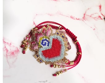 Sacred Heart Jesus Miyuki beaded Bracelet,  Sacred Heart Charm Pendant, flaming heart bracelet, Colorful Mexican heart.