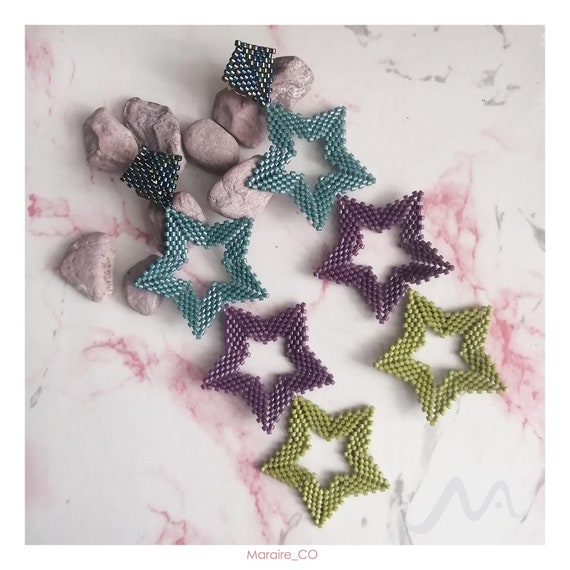 Star beaded dangle earrings long miyuki earrings maxi seed bead earrings handmade earrings triple star earrings