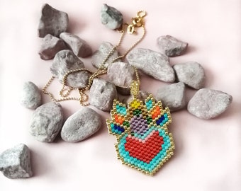 Heart Miyuki beaded Necklace,  Sacred Heart Jesus Charm Pendant, Burning heart necklace, Colorful Mexican heart,  heart charm.