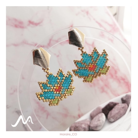 Lotus Flower Beaded Earrings Turquoise Blooming Miyuki Earrings