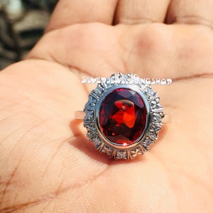 Vintage 6.14 Carat Garnet Oval Cut Cz Diamond Engagement Ring - January Birthstone Ring - Halo Diamond Ring - Bezel Set Diamond Ring 6978