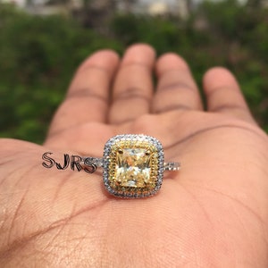 1.82 CT Fancy Light Canary Yellow Radiant Cut Simulated Diamond Double Halo Engagement Ring- Vintage Jewelry- Anniversary Gifts For Her 5942