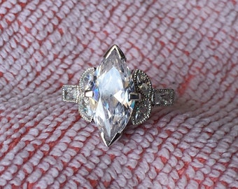 Vintage Art Deco Marquise Diamond Engagement Ring - 2.50 White Marquise With Baguette Cut Cz Diamond Wedding Ring For Sale3159