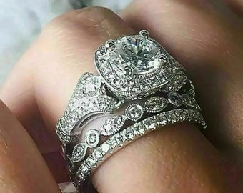 Moissanite Bridal Ring Set: Vintage Art Deco Sterling Silver Wedding Rings