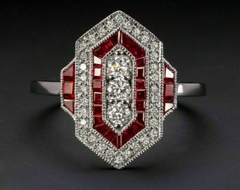 1920s Ruby Diamond Vintage Style Ring Art Deco Geometrical Cocktail Calibre Ring in Solid 14k White Gold 7894