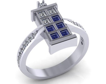 1.00Tcw Doctor Who Inspired Tardis Blue Sapphire & White Princess Cut Diamond Solitaire Engagement Wedding 925 Sterling Silver2089