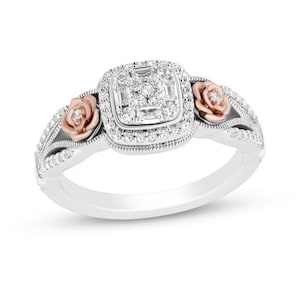 Enchanted Disney Belle 1/3 Ct Cushion Shaped Multi Diamond Frame Ring in 935 Argentium Silver, Collection Inspired By Belle Rose Ring