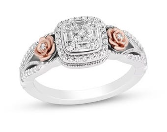 Enchanted Disney Belle 1/3 Ct Cushion Shaped Multi Diamond Frame Ring in 935 Argentium Silver, Collection Inspired By Belle Rose Ring 8687