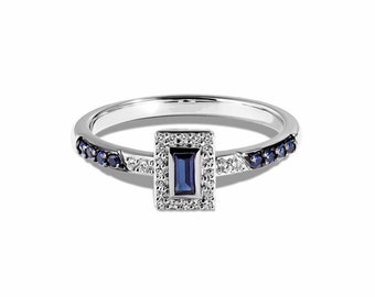 Star War Fine Jewelry R2- Bague pour femme de la série D2 - Bague en diamant saphir bleu simulé taille baguette - Bague de fiançailles de style solitaire