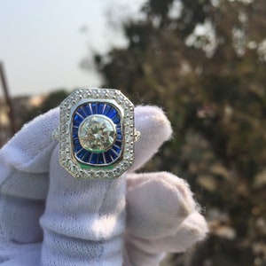 Art Deco style 1.3 Ct White Round And Blue Sapphire Diamond Engagement Wedding Ring 925 Sterling Silver/ Vintage and Antique Style Ring 2372