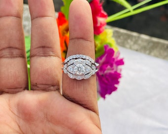 Argentium Silver Moissanite Bridal Ring Set – Art Deco Wedding