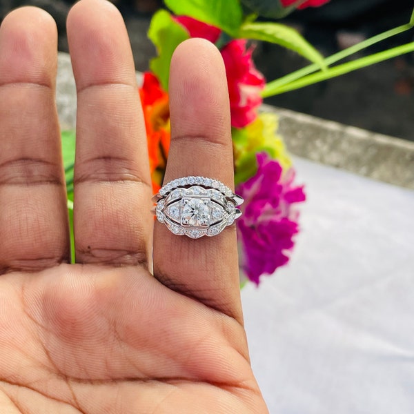 1890s Vintage 1.0 Ct Art Deco Round Cut Diamond Wedding Engagement Ring Set In Solid 14k White Gold Estate Ring Set Antique Bridal Set