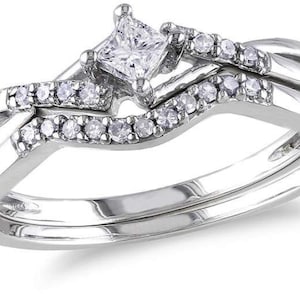 Amour Criss Cross Tiny Princess Cut Bridal Set• Curved Matching Wedding Band • Intertwined Split Shank Ring Set