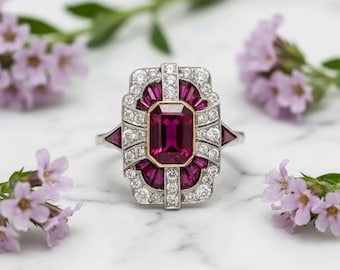 Vintage Ruby Diamond Ring Art Deco 935 Argentium Silver Engagement Statement Cocktail Jewelry10284