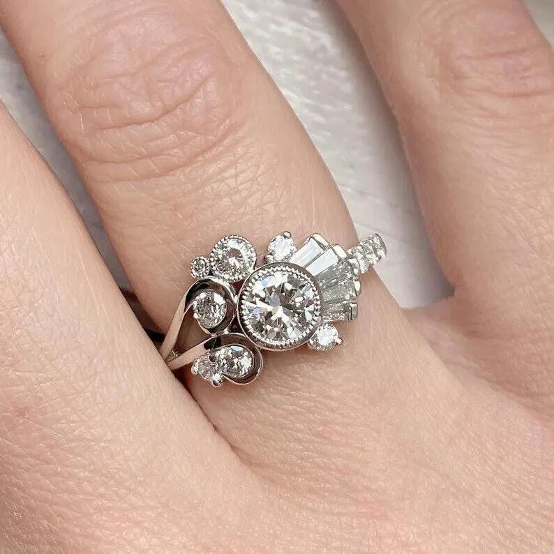 1930s Vintage White Round Cut Diamond Engagement Wedding Ring 935 Argentium Silver Halo Ring Antique Engagement Ring Art Deco Ring For Gift