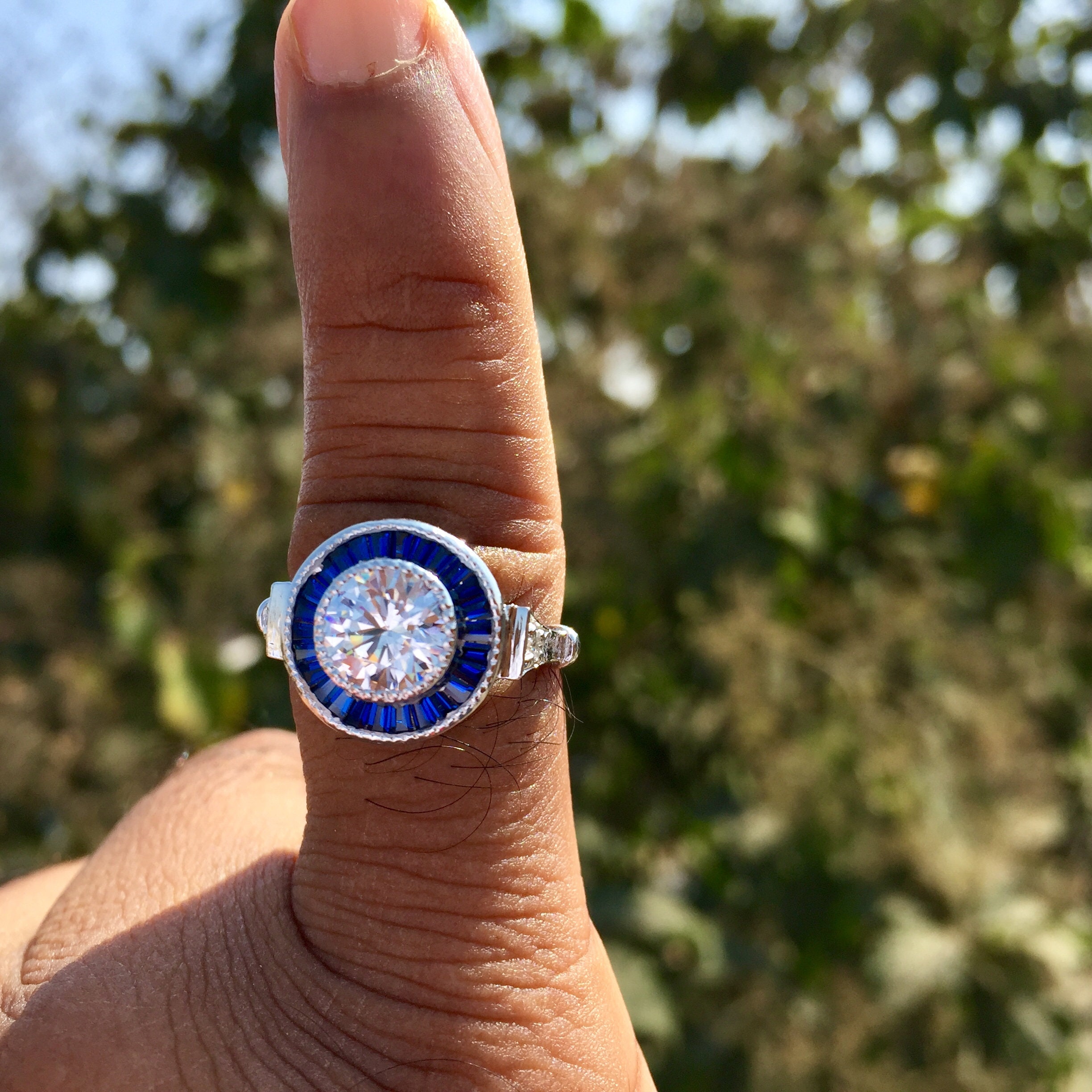 1890's 2 Ct Vintage Round Cut Diamond Ring Halo Blue