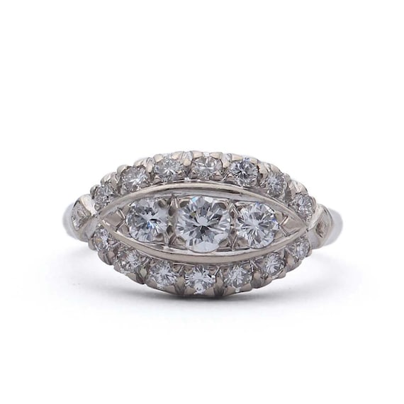 Art Deco 1950s Diamond Ring, Halo & Domed Princess Ring, Vintage Style Mid-Century Ring in Solid 14k White Gold,Antique Engagement Ring10010