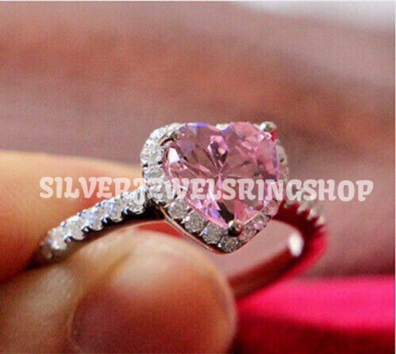 2.00 Ct Pink Heart Shape Halo Style Synthetics Diamond Engagement Ring in 925 Sterling Silver For Valentine Gifts Mother/'s Day Gifts
