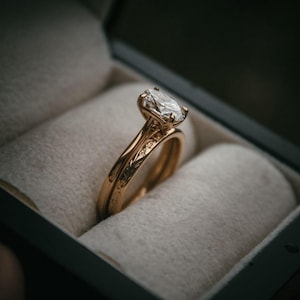 Oval Moissanite Engagement Ring Set: 14K Rose Gold Bridal Set Dainty Handmade Jewelry