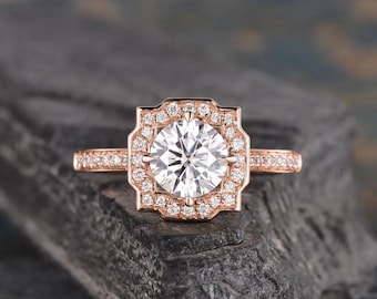 Vintage Art Deco Engagement Ring | Rose Gold Diamond Halo | Women’s
