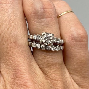 1910s Vintage 1.00 Ct Art Deco Round Cut Diamond Wedding Engagement Ring Set In Solid 14k White Gold Fine Estate Ring Set Antique Bridal Set