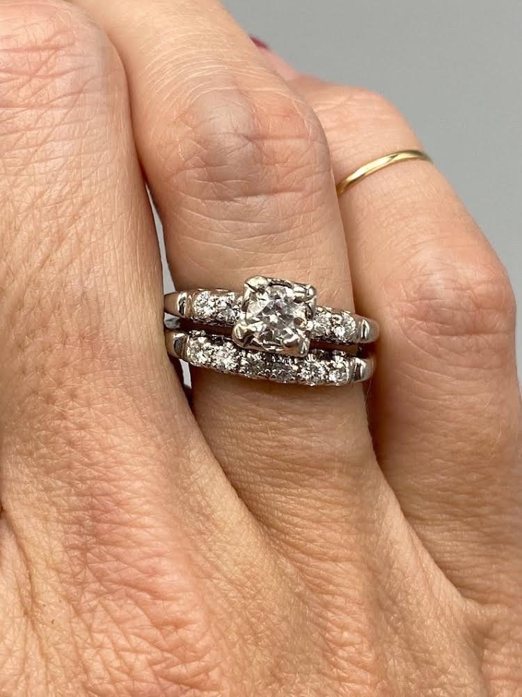 1910s Vintage 1.00 Ct Art Deco Round Cut Diamond Wedding Engagement Ring Set In Solid 14k White Gold Fine Estate Ring Set Antique Bridal Set