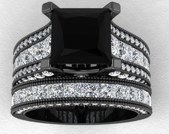2.98 TCW Princess Cut Black Moissanite Diamond Fiançailles Mariage Bague de mariée Sets-Noir RHODIUM Plaqué 925 Sterling Silver Ring1487