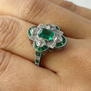 1920s Art Deco Emerald & Diamond Cocktail Statement Ring Vintage Style 935 Argentium Silver Ring