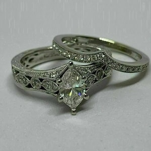 1890s Vintage 1.0 Ct Art Deco Old European Wedding Engagement Ring Set In Solid 14k White Gold Marquise Diamond Ring Set Antique Bridal Set