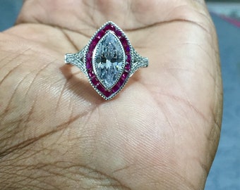 Marquise Cut CZ Engagement Ring: Ruby Accent, Art Deco Sterling Silver
