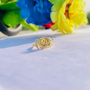 An Antique Enchanted Disney Belle 1/10 CT Diamond Rose Ring in 14K Yellow Gold Finish For Women’s - Flower Ring - Floral Style Ring 5825