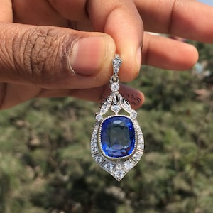Rare 6.5 Carat Cushion Cut Ceylon Sapphire Diamond Vintage Art Deco Pendent- Amazing Pendant -Vintage Jewelry In 935 Argentium Silver 1274