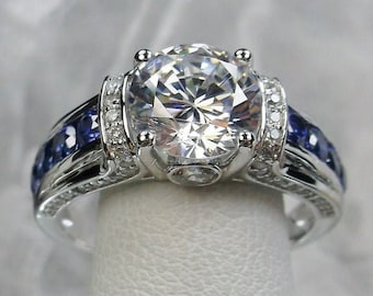 Moissanite & Sapphire Diamond Ring, 2.16 CT VVS1 Round Moissanite Ring, Unique Engagement Ring, Solid 14k White Gold Ring, Wedding Ring