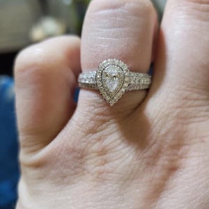 Vera Wang Love Collection 1 CT Pear-Shaped Diamond and Created Sapphire Double Frame Engagement Ring -Hidden Halo Diamond Wedding Ring 5795