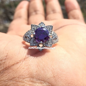 Vintage Style Ring - Amethyst Diamond Ring - Lotus Flower Ring - Party Wear Ring - Promise Ring - Jewellery For Gifts - 925 Silver Ring 3283