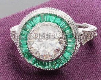 Moissanite and Emerald Halo Diamond  Art Deco Sterling Silver Engagement Ring Cocktail Statement