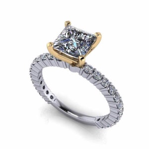 Two Tone 1.73 CTW Princess Cut Forever One Lab Grown Diamond Partial Eternity Engagement Ring In 925 Sterling Silver