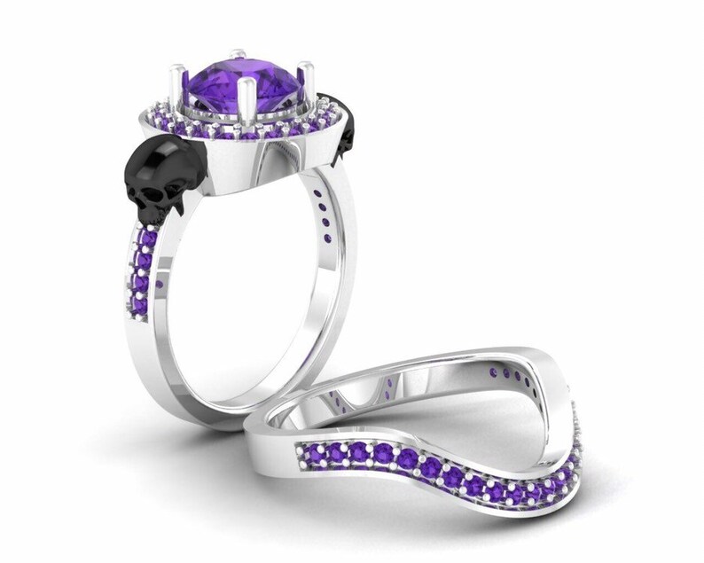 Two Tone Ringsets Skull Ringsets For Women/'s 925 Sterling Silver 1.25ct amethyst Round Cut Cubic Zirconia Diamond Gothic Skull Ringsets