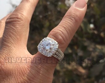 1.5 Carat Moissanite Halo Engagement Ring: Argentium Silver Triple Shank