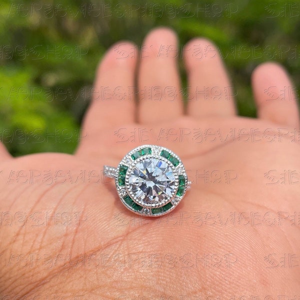 1890s Old European Cut Diamond Art Deco Engagement Ring, Emerald Target Halo Diamond Ring in 935 Argentium Silver, Vintage & Antique Ring