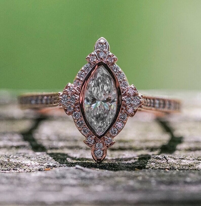 Art Deco Marquise Cut 1ct Moissanite Engagement Ring, 14k Rose Gold - Etsy