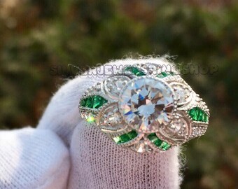 Vintage Art Deco Moissanite Ring: Emerald Halo, Sterling Silver