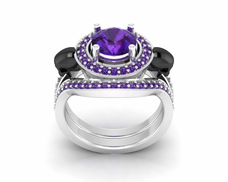 Two Tone Ringsets Skull Ringsets For Women/'s 925 Sterling Silver 1.25ct amethyst Round Cut Cubic Zirconia Diamond Gothic Skull Ringsets